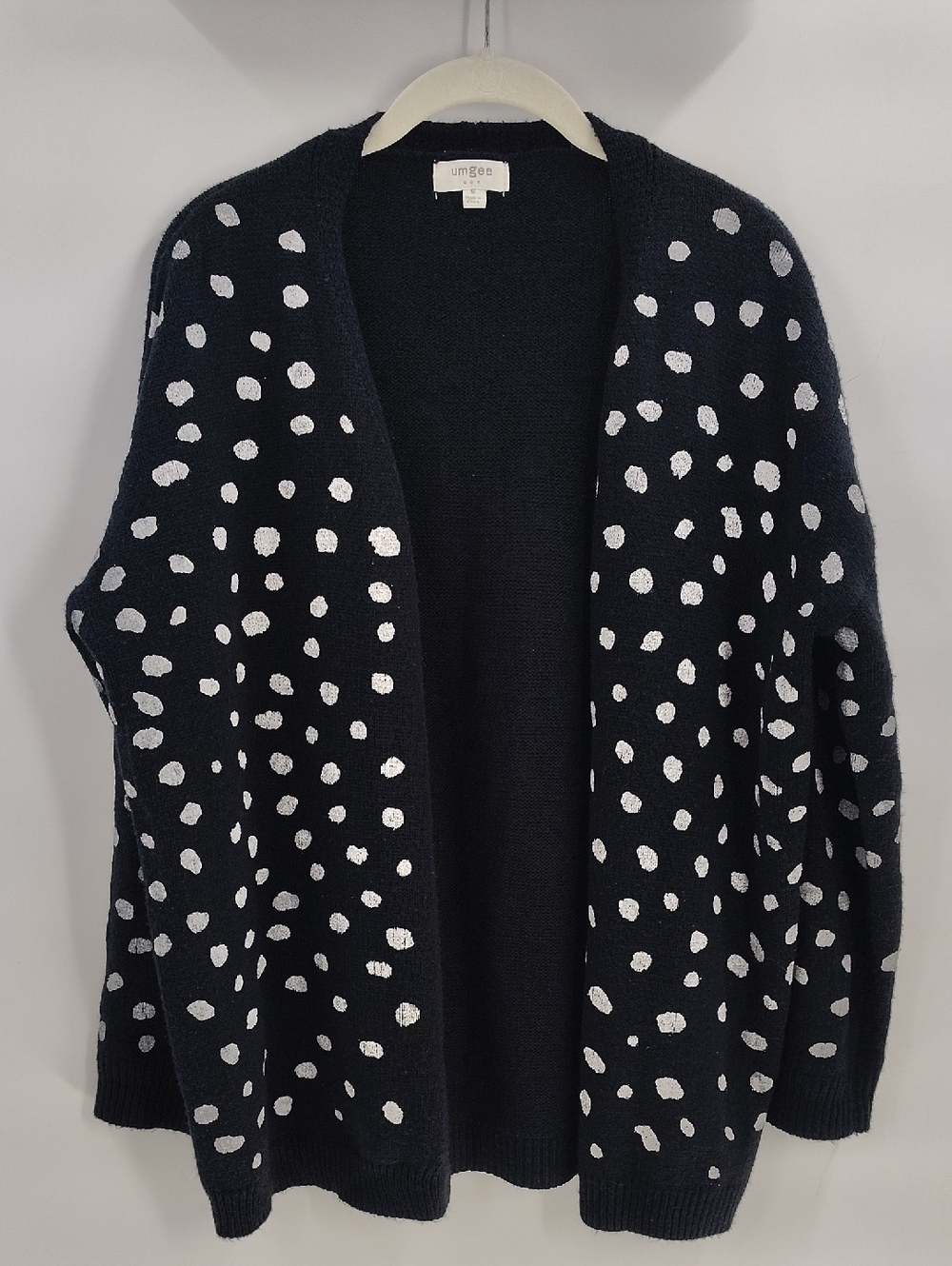 Umgee Open Cardigan Sweater Size Medium Black Painted White Dots
